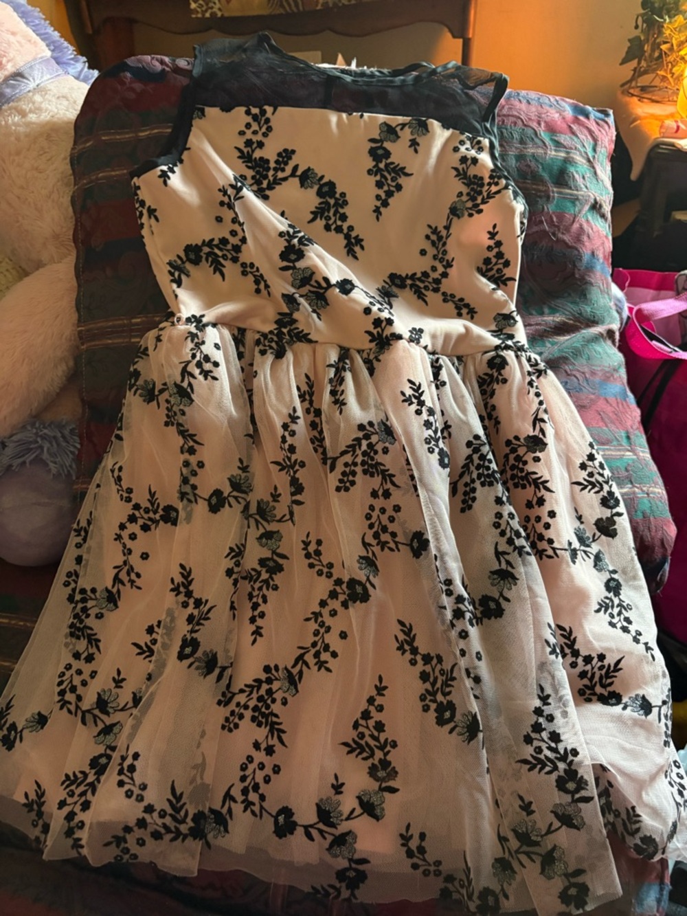 Children Place size 12/14Cream Tulle Dress with Black Floral Embroidery